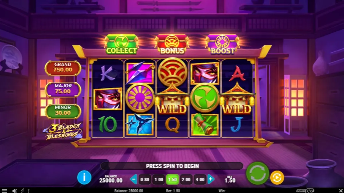 Ninja bertema slot 3 Blades & Blessings dengan latar belakang Jepang feodal
