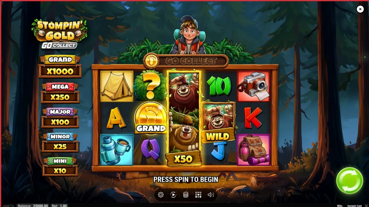 Tampilan visual slot Stompin’ Gold GO Collect dengan karakter yeti dan elemen petualangan hutan