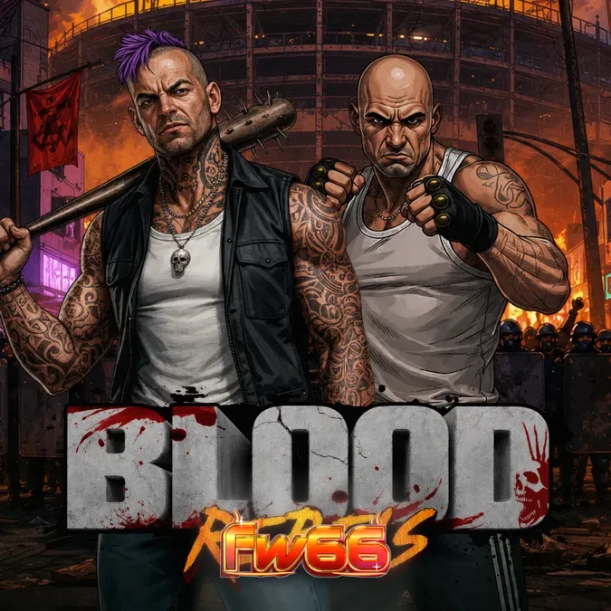 Tampilan visual slot Blood Rebels dengan tema pemberontakan jalanan yang kelam